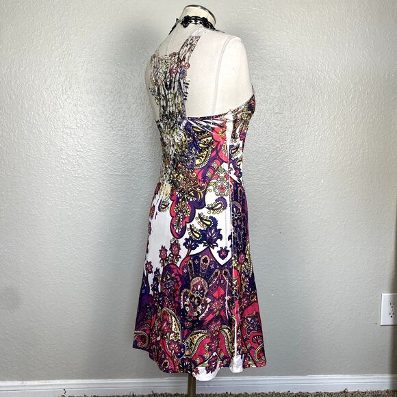 Vtg Y2K Bedazzled Rhinestone Lace Back Paisley Summer Mini Dress Mcbling Fairy - Picture 4 of 16